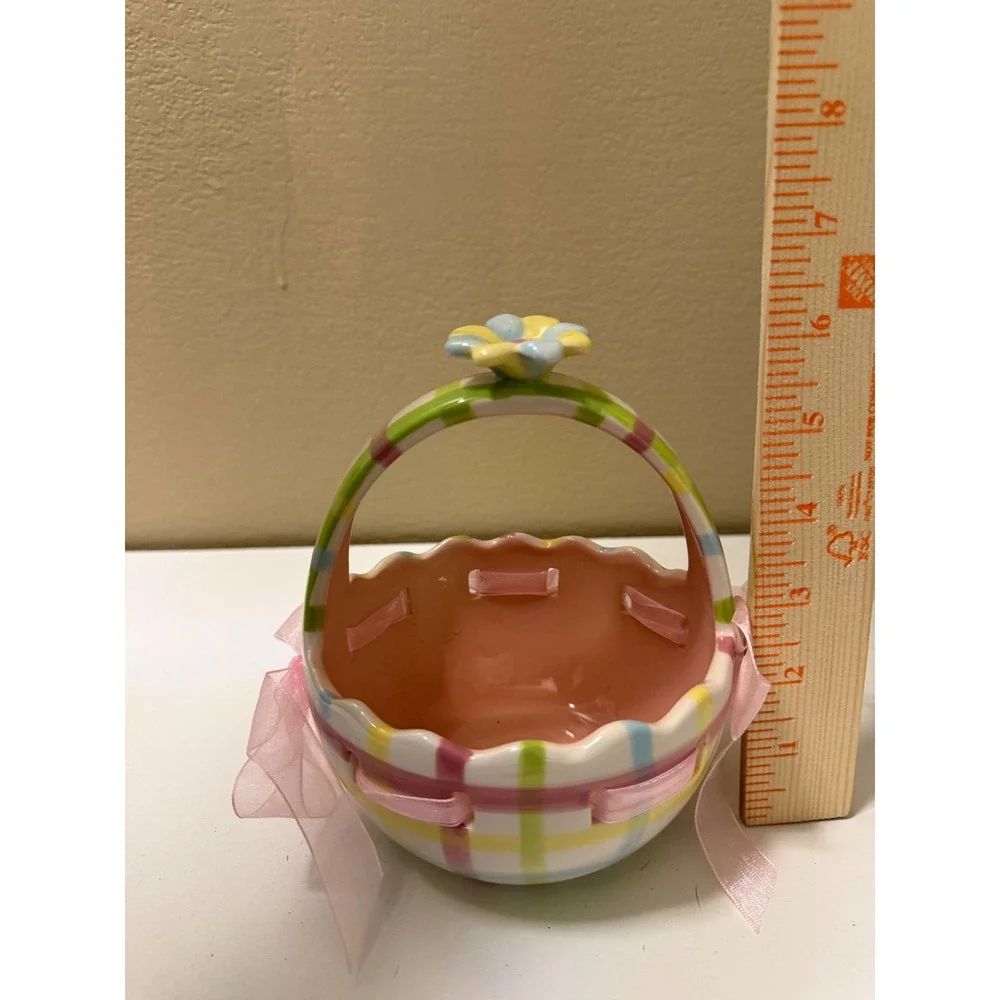 INT. Ceramic Easter Basket Pastel Plaid Pink Ribbon Flower Handle Spring Decor
